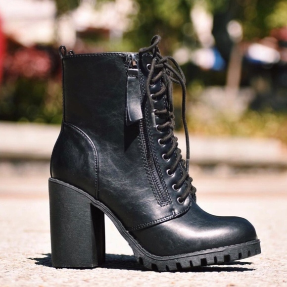 Black Vegan Leather Lace Up Heeled Combat Booties - Picture 2 of 3